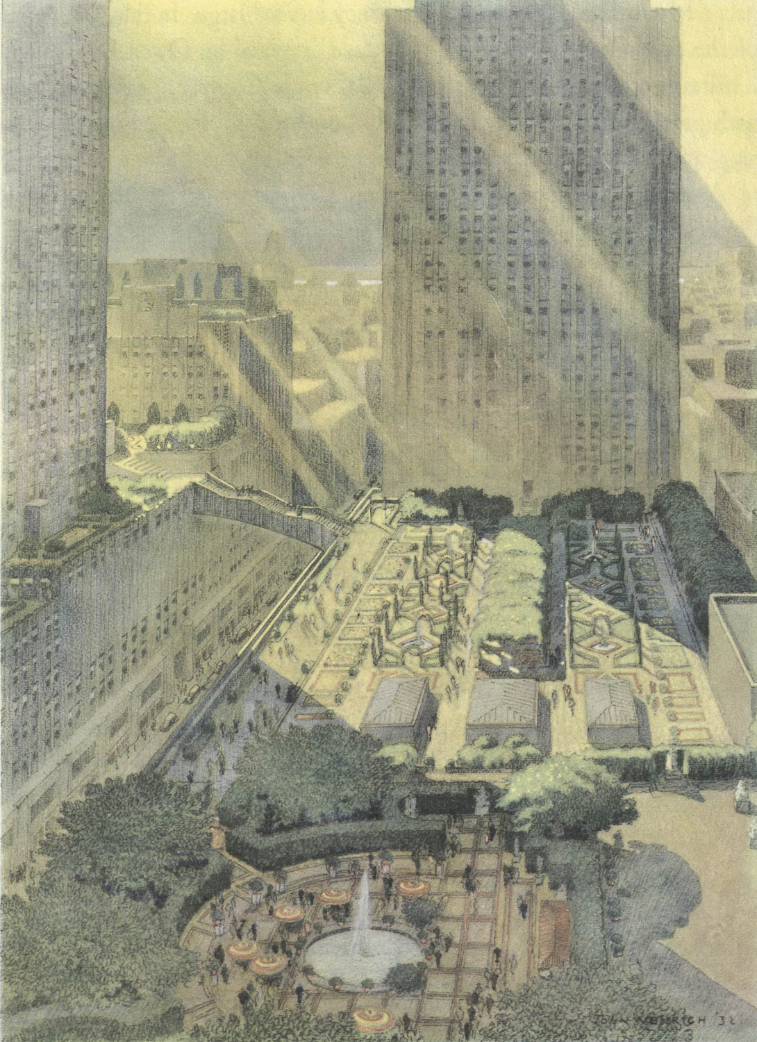 A color drawing of a birds-eye view of the roof terrace of a low skyscraper. In the foreground, people gather around tables under umbrellas around a small patio with a fountain in the center. In a more distant part of the roof are rows of small trees and symmetrical flower beds. A tall skyscraper rises up from the end of the terrace. A pedestrian bridge connects this roof terrace with the roof terrace of a neighboring building. To the right is a glimpse of a road with cars four or five stories below.